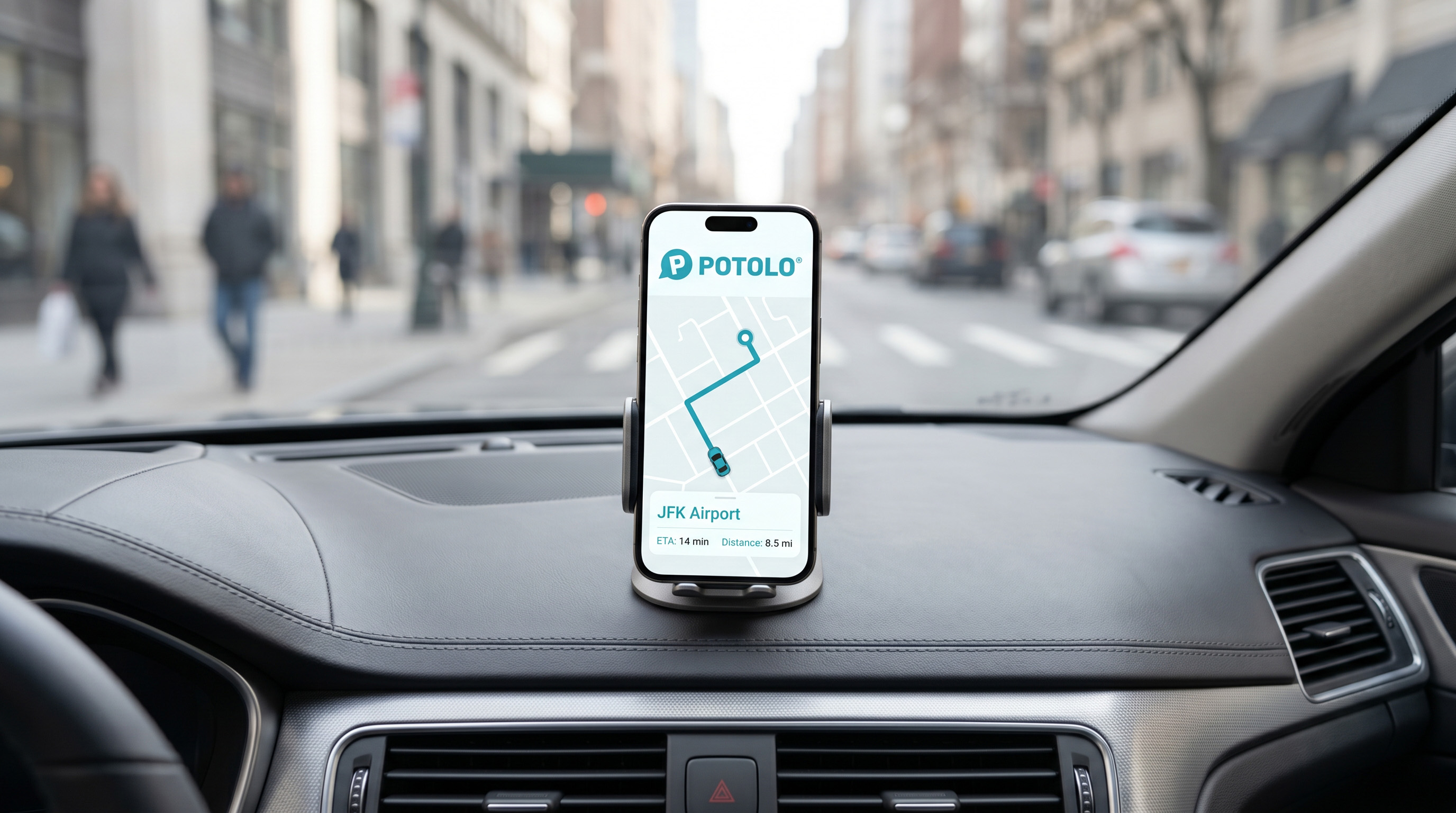 Potolo app showing live navigation on a car dashboard