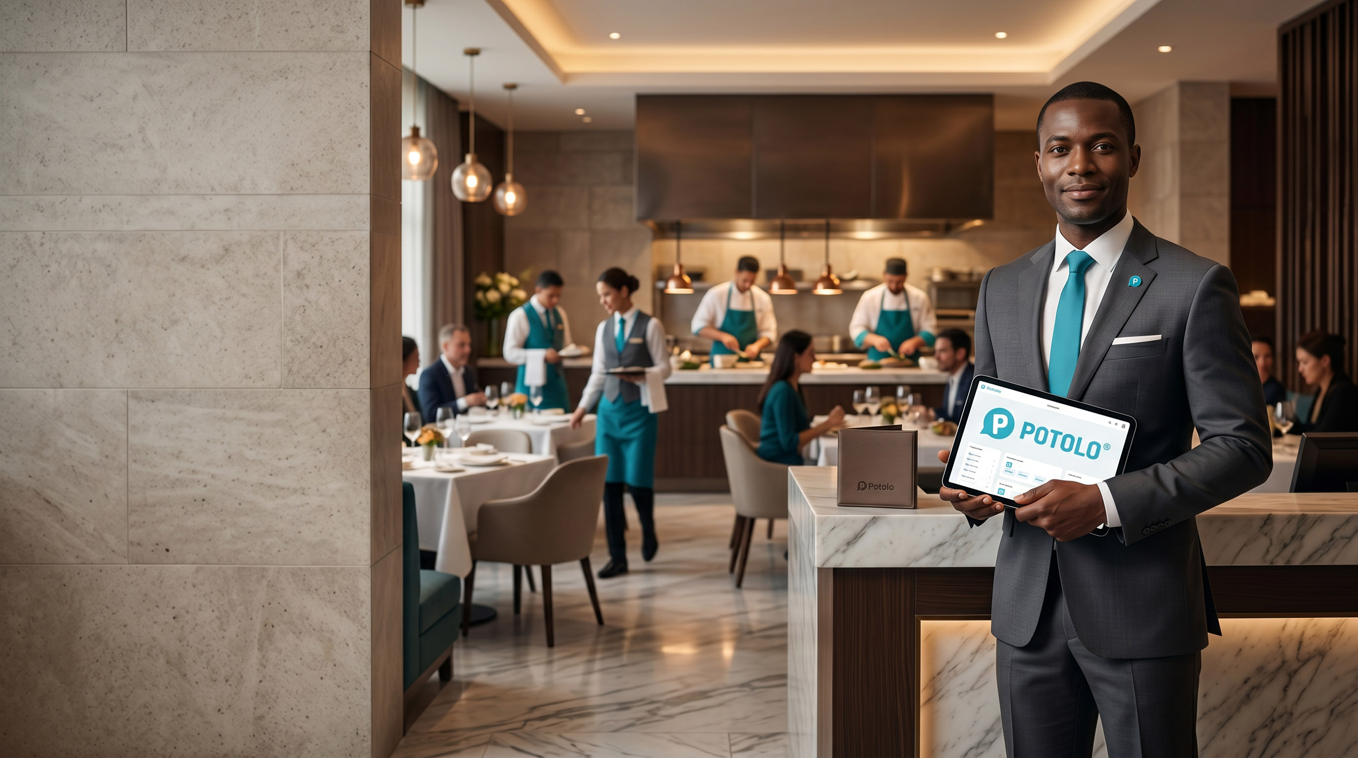 Restaurant manager welcoming guests with a Potolo tablet in hand