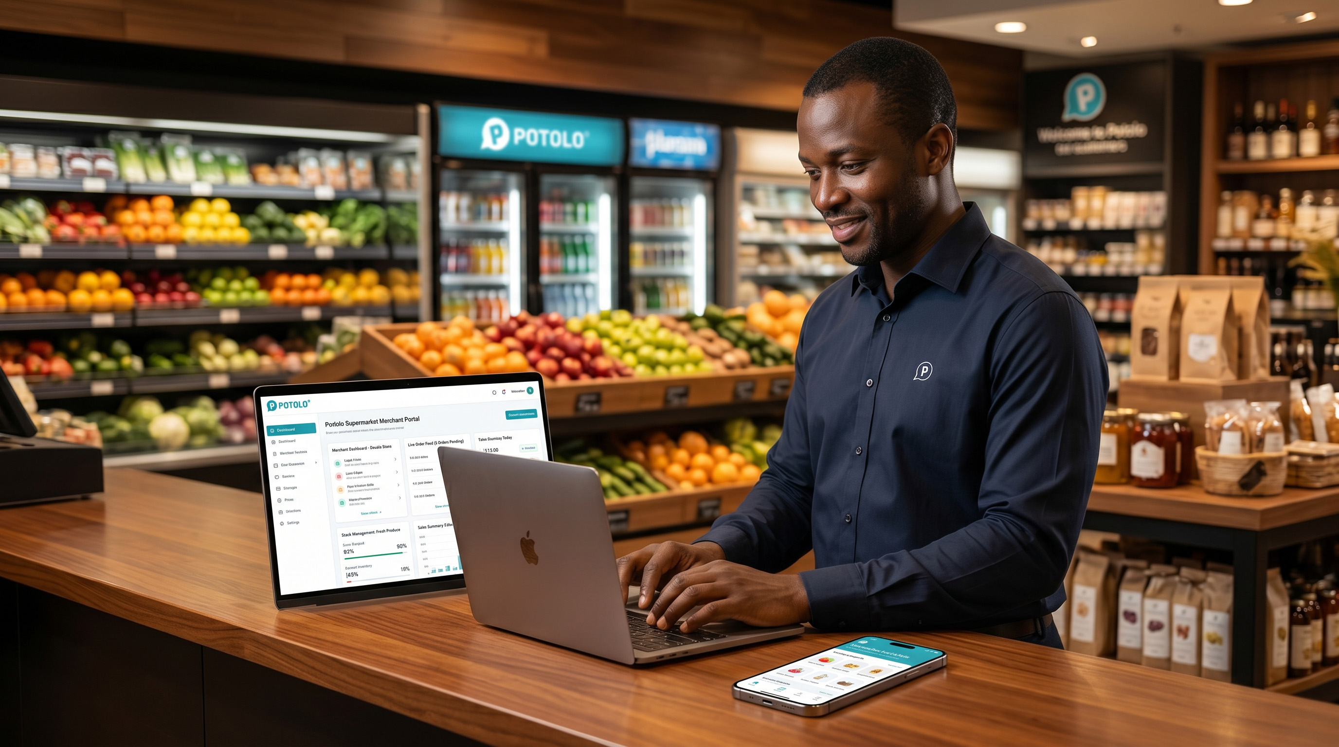 Supermarket manager reviewing live orders in the Potolo merchant portal